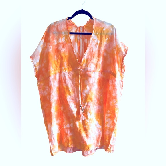 Aerie Swim Cover Up Small Orange  Peach Tie Dyed 100% Cotton Shell Drawstring - Picture 2 of 7